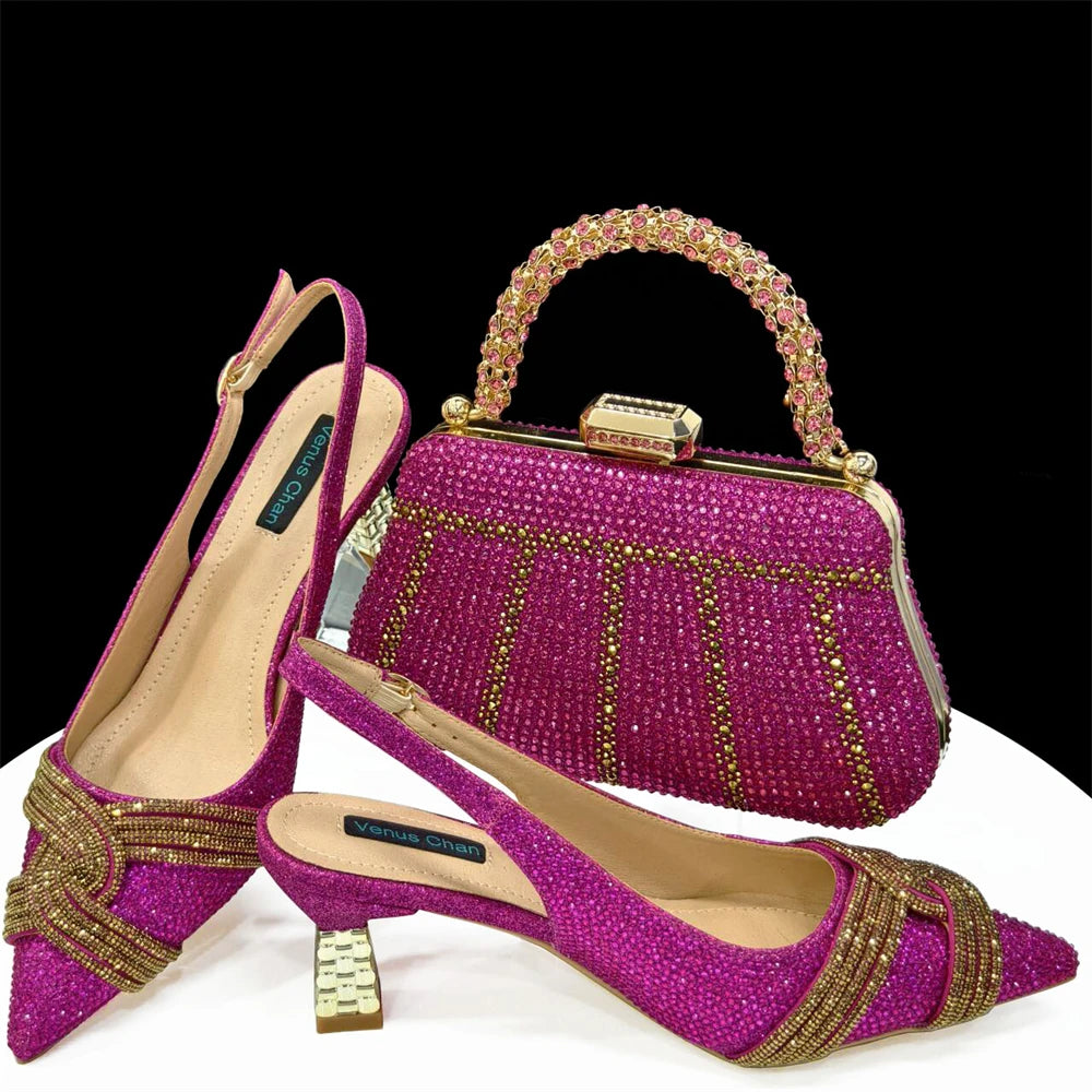 Venus Chan 2024 Design spécial haute qualité couleur Orange femmes africaines chaussures et sac ensemble avec cristal brillant pour la fête de mariage
