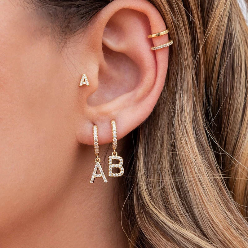 26 lettres anglaises cubique Zircon oreille Piercing boucle d'oreille cuivre initiale oreille cercle boucles d'oreilles pour femmes fille été bijoux