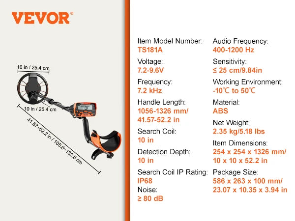 VEVOR Détecteur de Métaux pour Adultes Enfants 25,4 cm Détecteur de Métaux Professionnel Réglable Bobine Étanche IP68 Écran LCD 7 Modes Puce DSP Avancée Léger pour Recherche Pièces d'Or Chasse Trésors