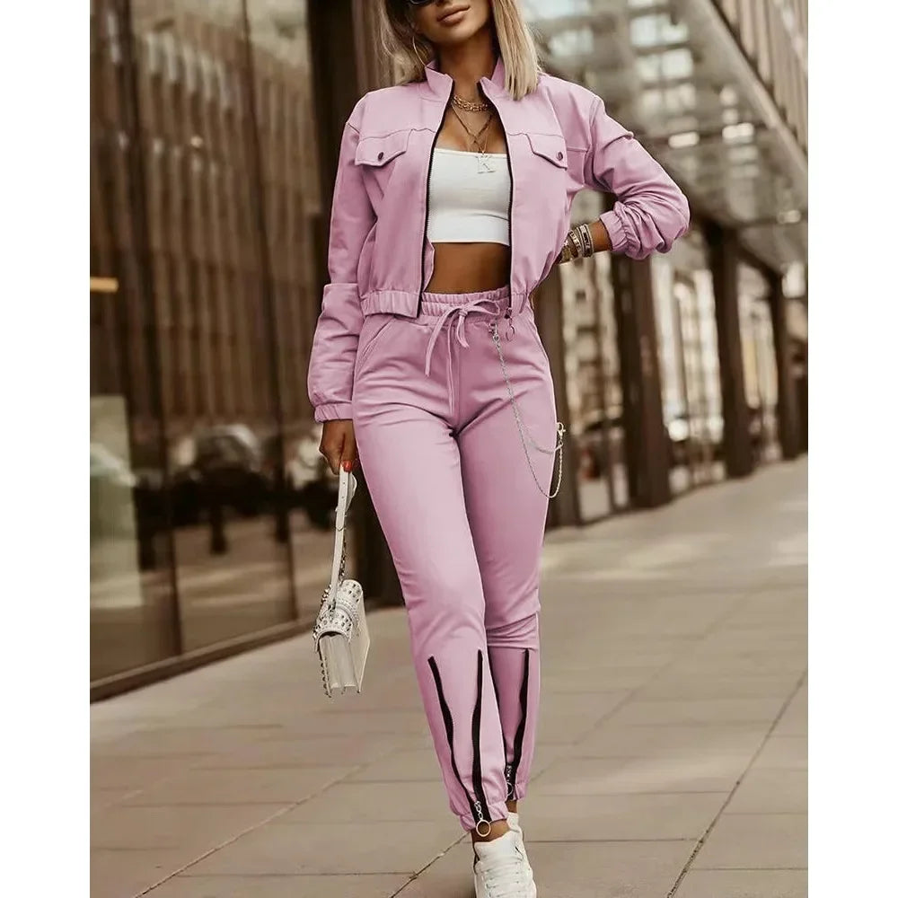 Ensemble de leggings zippés à manches longues pour femmes, veste de proximité, style de rue, 2 pièces