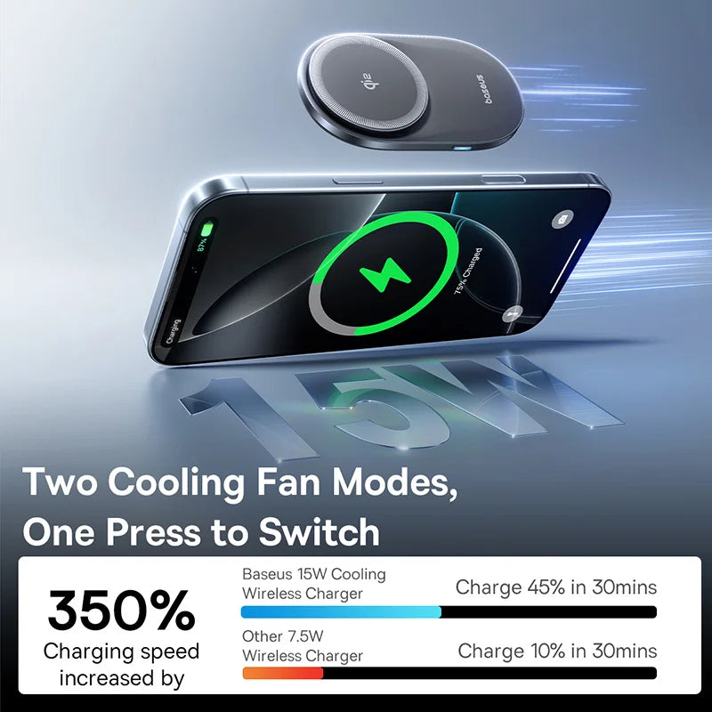 Baseus Chargeur sans fil magnétique pour voiture, Qi2, 15W, charge rapide, support de téléphone, ventilateur de refroidissement, iPhone 16, 15, 14, Samsung, Xiaomi