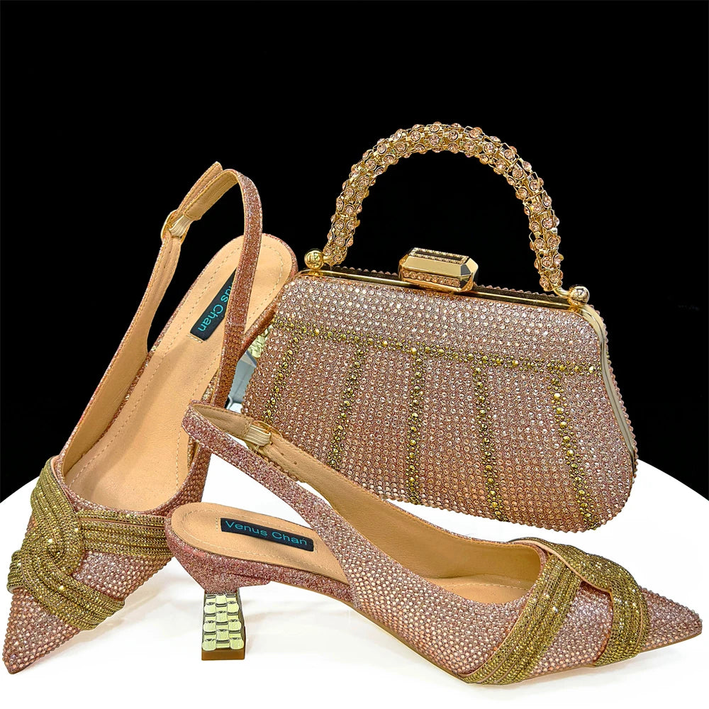 Venus Chan 2024 Design spécial haute qualité couleur Orange femmes africaines chaussures et sac ensemble avec cristal brillant pour la fête de mariage