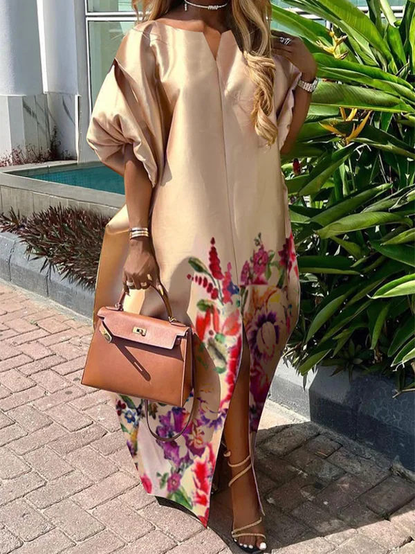 Freeacy Robe longue élégante à imprimé floral pour femme, col bateau, manches bouffantes, ligne H, fendue, longueur au sol, robe de soirée
