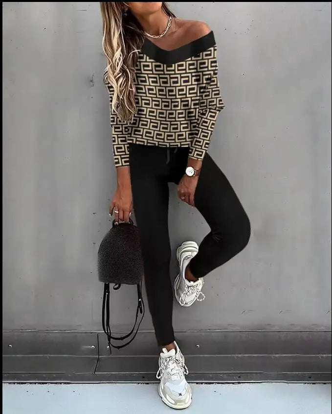 Ensemble 2 pièces imprimé pour femme, tenue de sport décontractée, pantalon de jogging en V, ensembles trempés, vêtements de survêtement, automne
