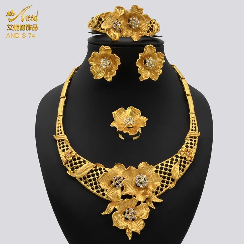 ANIID-Ensembles de bijoux africains pour femmes, boucles d'oreilles fleur, collier ras du cou, bracelet, hawaïen, indien, Dubaï, bijoux dorés, accessoires