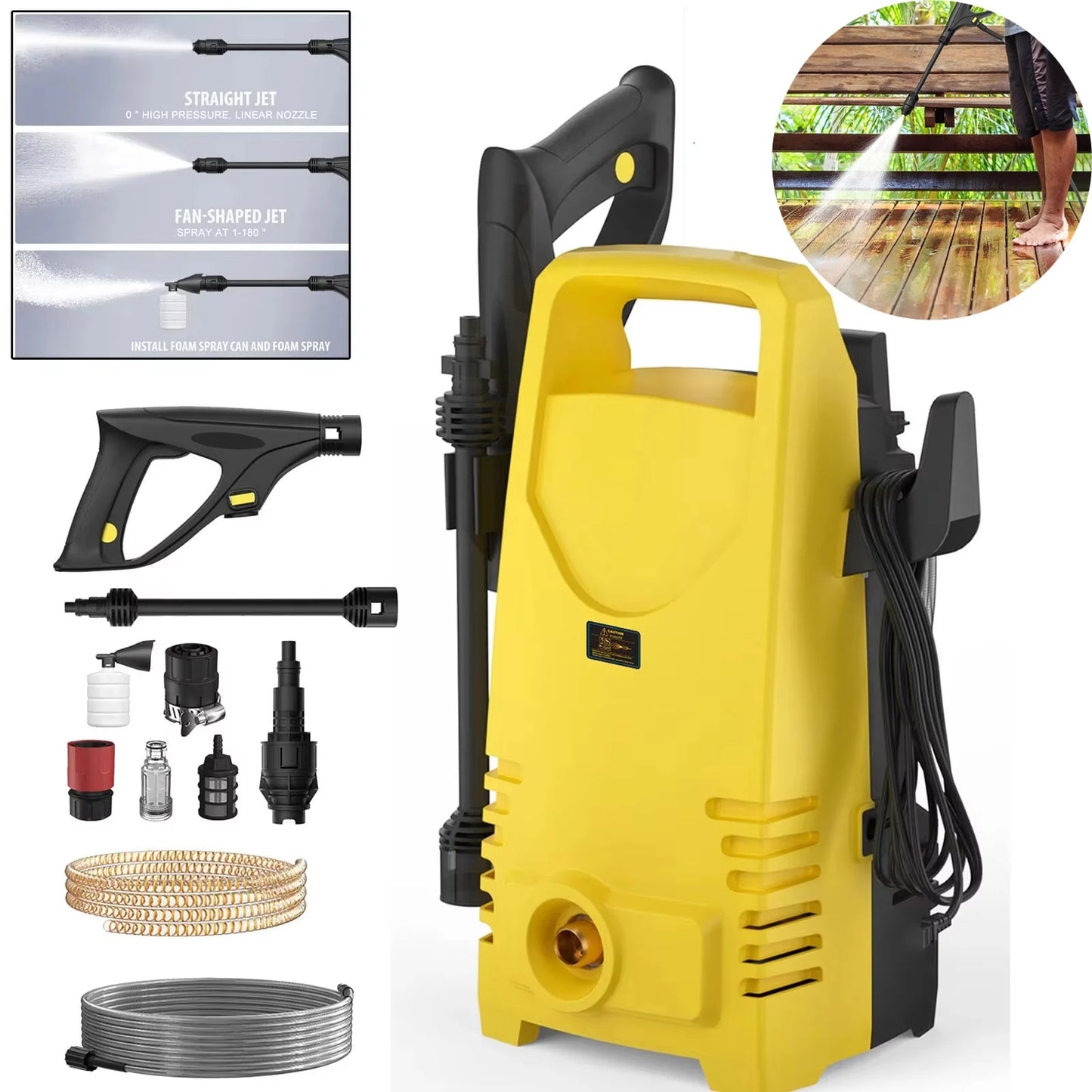 Lave-linge électrique 1800W 1,6 GPM avec buse 3 en 1, pistolet de pulvérisation réglable pour le nettoyage du jardin/allée/de pont, haute pression