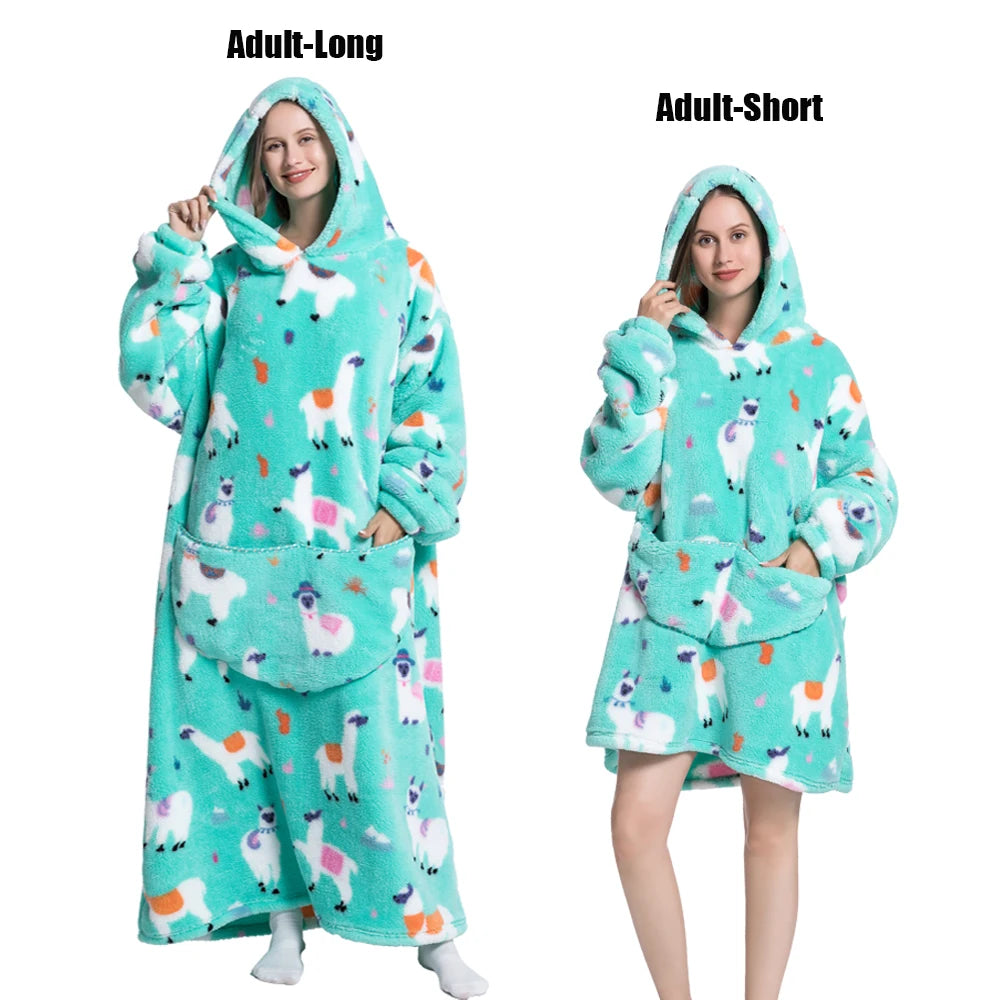 Femmes couvertures avec manches adulte Super chaud surdimensionné sweats à capuche hiver en peluche flanelle pyjama sweat hommes femmes couverture portable