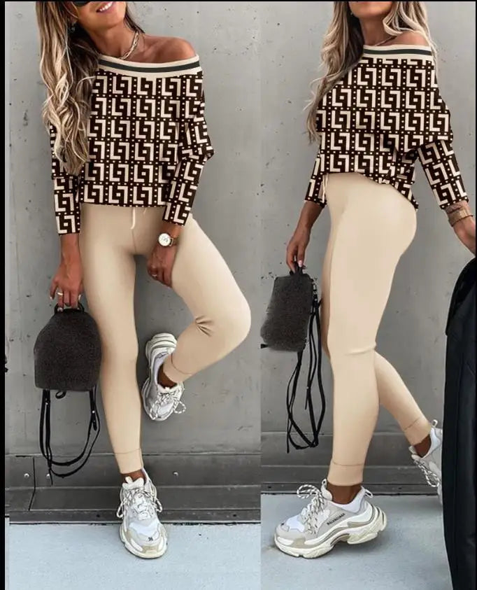 Ensemble 2 pièces imprimé pour femme, tenue de sport décontractée, pantalon de jogging en V, ensembles trempés, vêtements de survêtement, automne