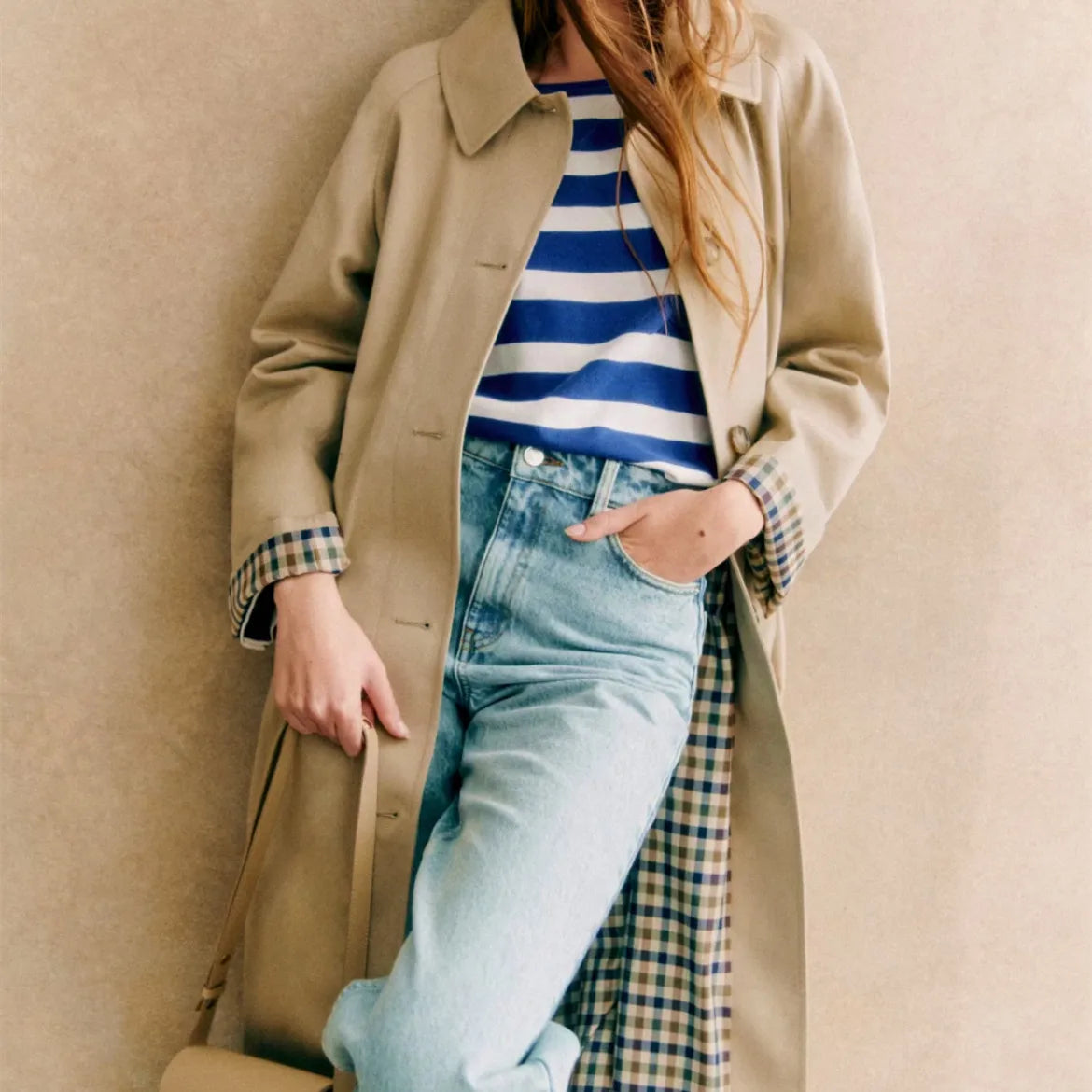 Trench-Coat classique mi-long pour femme, doublure à carreaux, simple boutonnage, col rabattu, coupe-vent ample, automne hiver