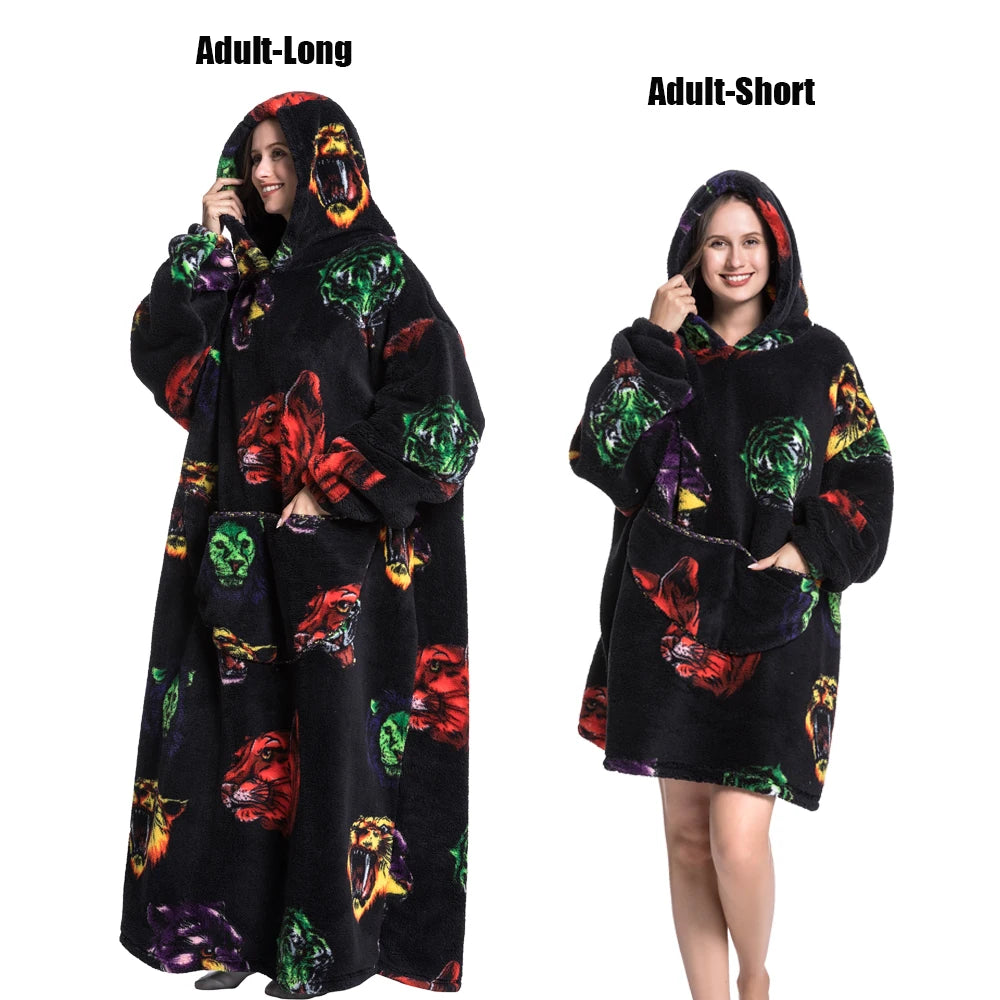 Femmes couvertures avec manches adulte Super chaud surdimensionné sweats à capuche hiver en peluche flanelle pyjama sweat hommes femmes couverture portable