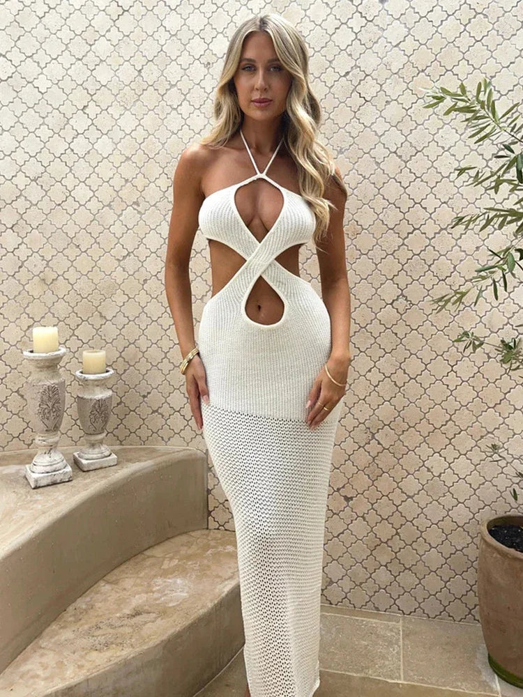 Avrilyaan White Knitting Bodycon Backless Sexy Dress Women Hollow Out Elegant Holiday Casual Dresses Summer Long Dress Vestidos