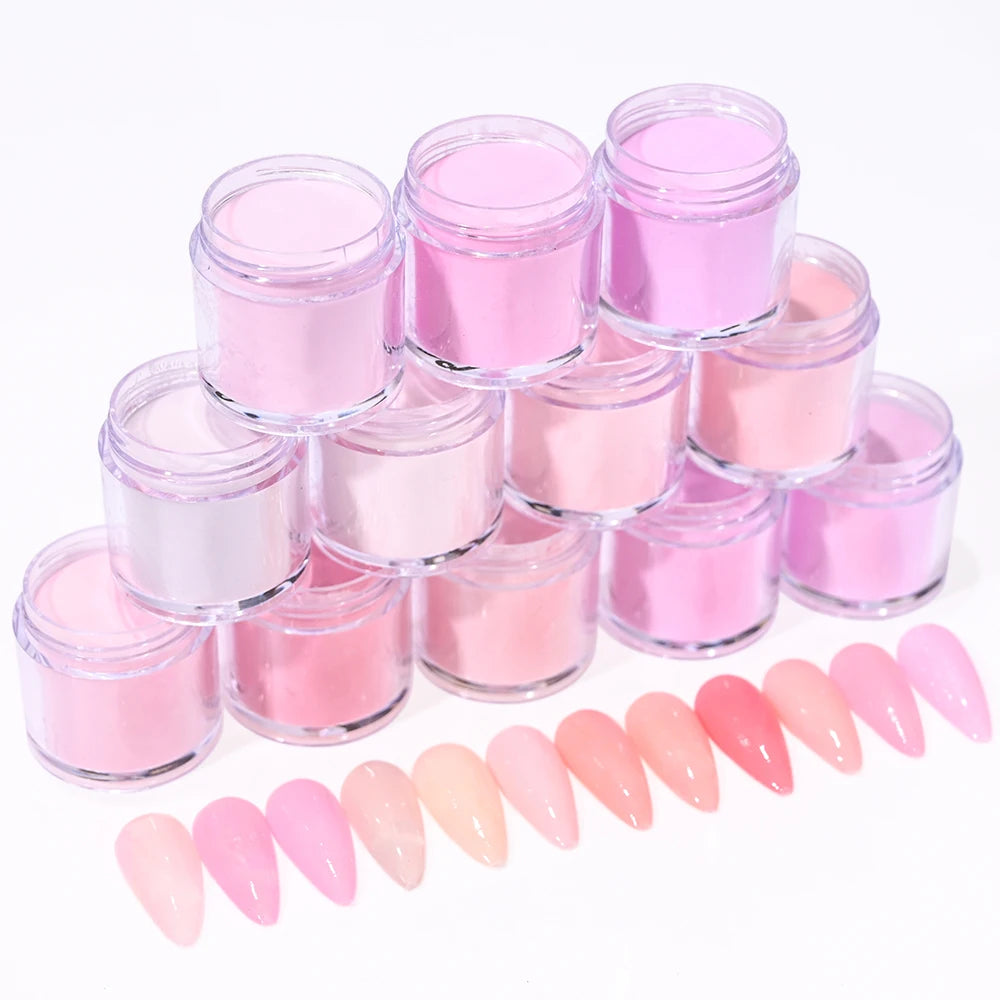 Ensemble de poudre acrylique professionnelle 3 en 1, 12 couleurs, rose chair, 12 pots d'immersion et Extensions d'ongles en acrylique, Structure de poussière, 10g