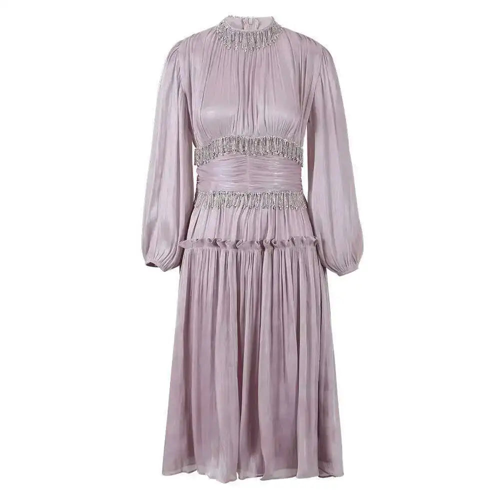 UCXQ Elegant Long Dress French Style Tassels Diamonds Fold Waist Ruffled Edges Evening Dresses Women 2025 Spring Autumn 3WQ8194