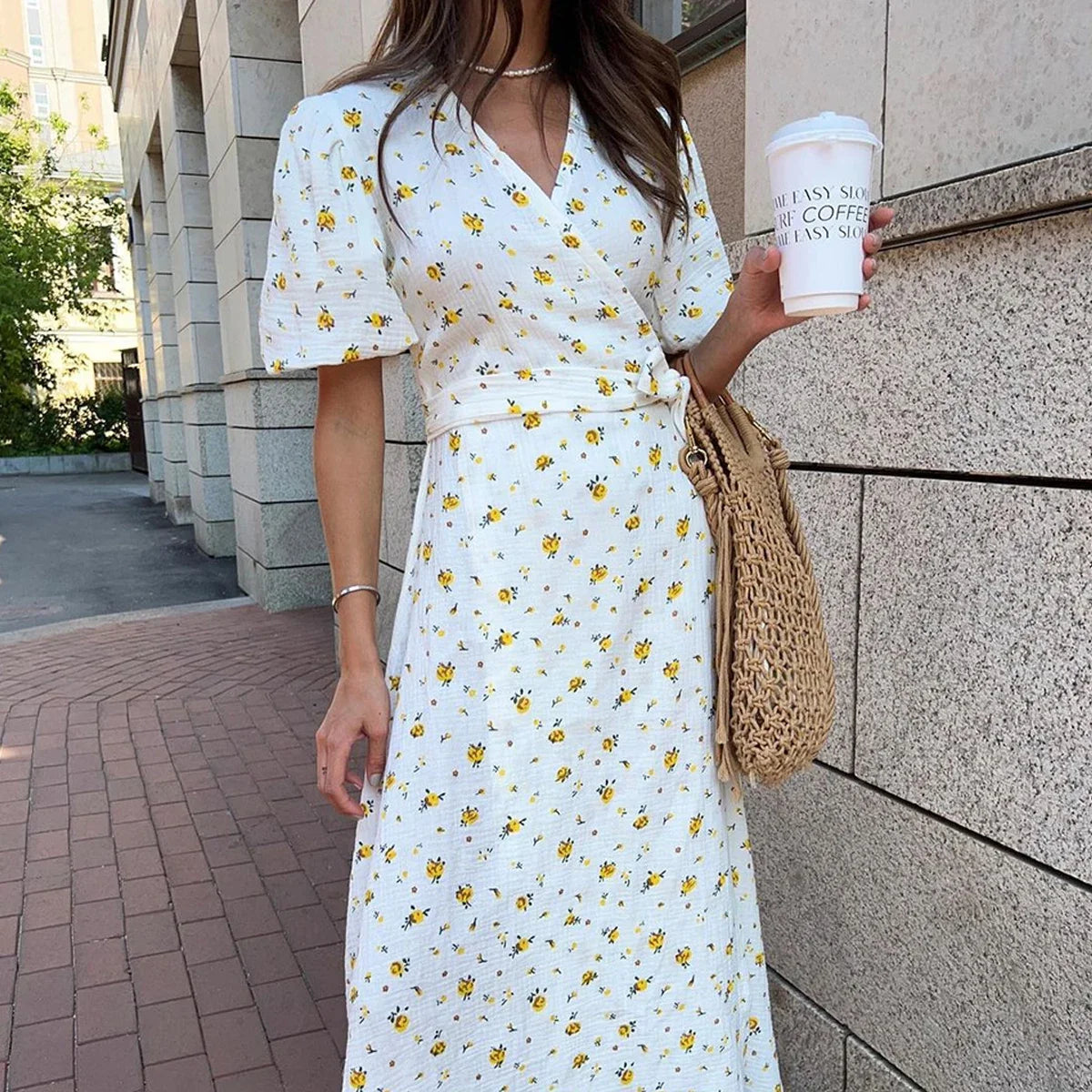 Bornladie Women Psrinted Lace Up Dress Summer Short Sleeve Fashion Office Lady Long Dress 100% Cotton Daily Casual V-neck Skirt