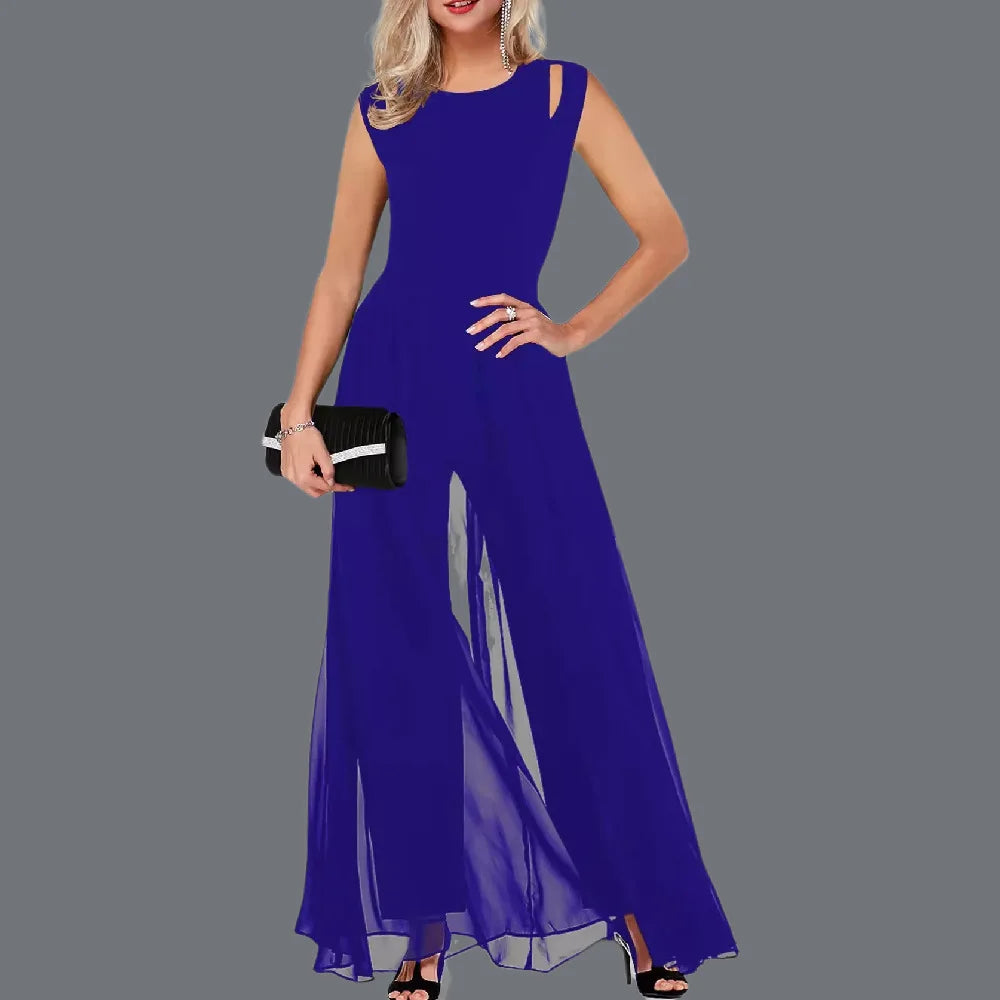 Femmes été longue combinaison 2023 coupe ajustée col rond sans manches creux lait soie couleur unie combinaison femme robes YML 2022417