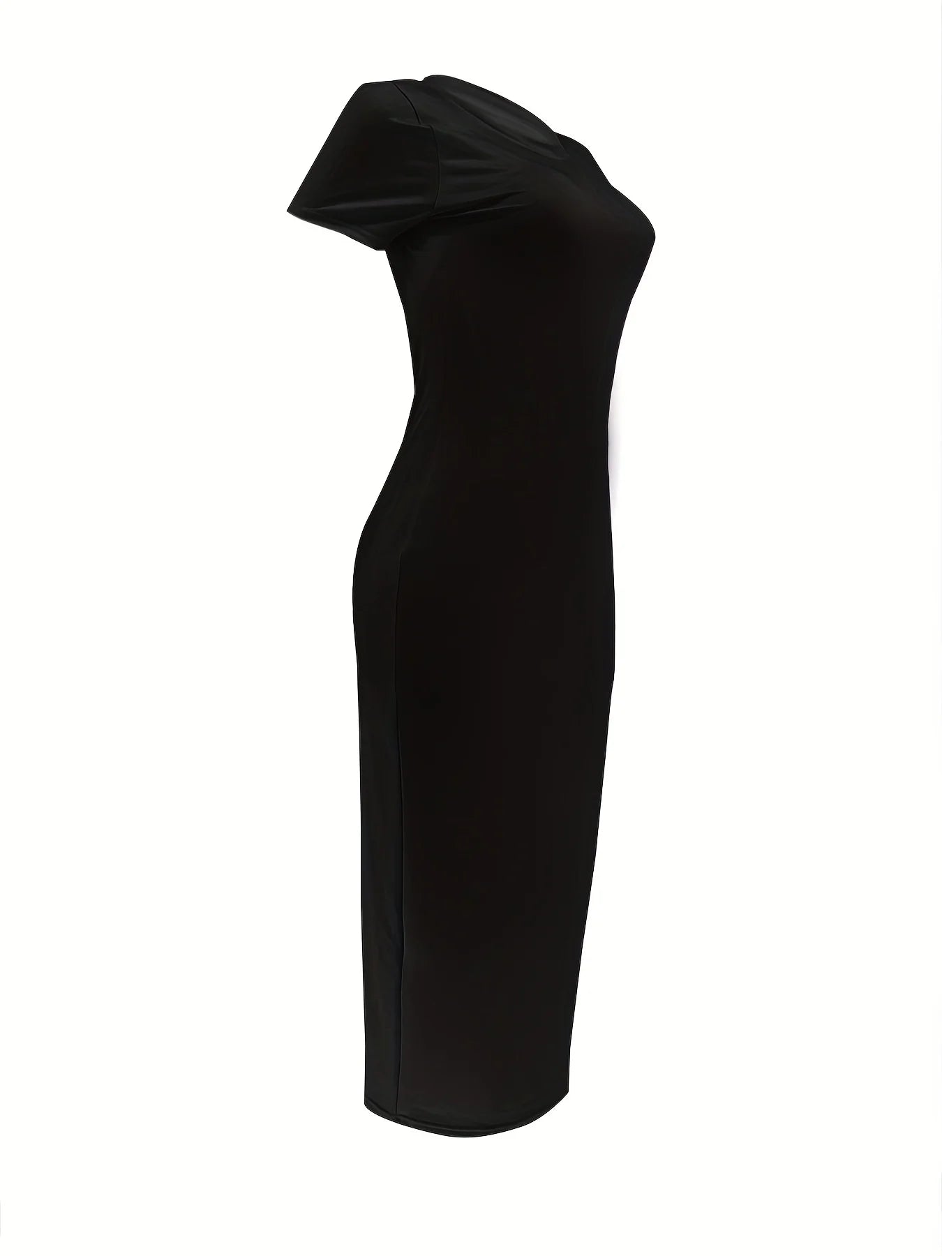 Femmes d'été décontracté mode coupe ajustée sexy couleur unie col rond manches courtes robe longue noir grande taille XS-5XL