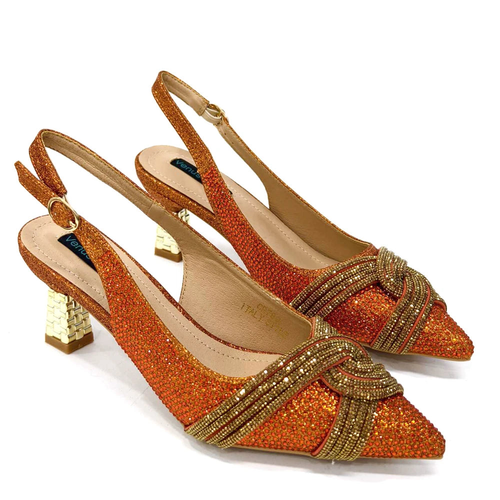 Venus Chan 2024 Design spécial haute qualité couleur Orange femmes africaines chaussures et sac ensemble avec cristal brillant pour la fête de mariage