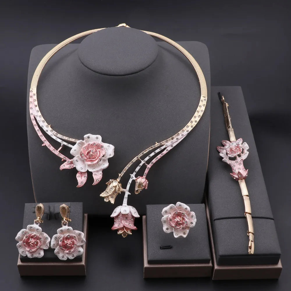 Ensembles de bijoux à la mode pour femmes, boucles d'oreilles, bague, Bracelet, collier, couleur argent, pendentif fleur classique, accessoires pour robe de mariée