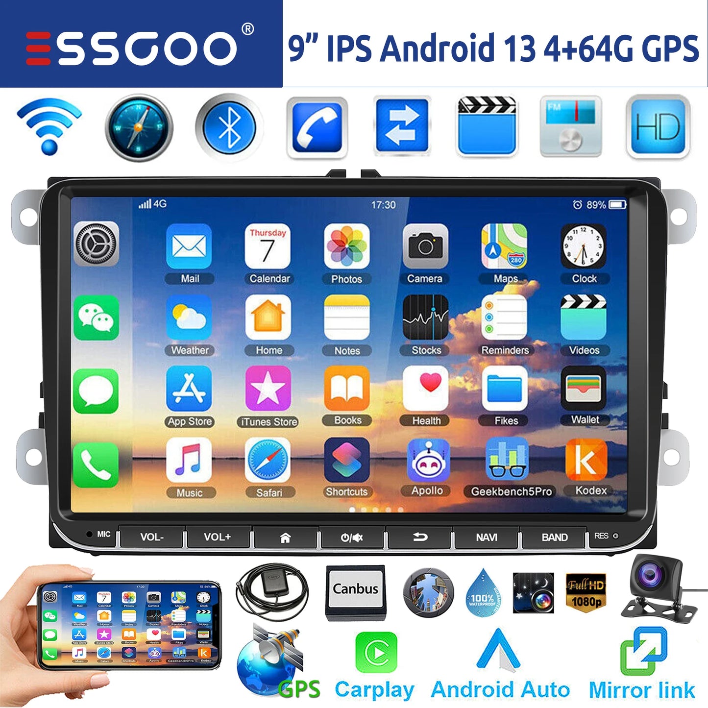 ESSGOO-Autoradio Android 14 de 9 Pouces, 4 Go/64 Go, Navigation GPS N183, WiFi, RDS, FM, BT, pour Voiture VW Golf 5/6, Passat, Polo, Touran, Tiguan, Caddy, EOS