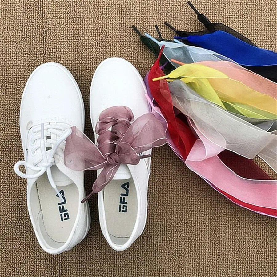 1 paire de cordes de chaussures en Organza de 4cm de large 60-180cm pour femmes, lacets plats en ruban de Satin de soie, baskets en toile, chaussures de Sport