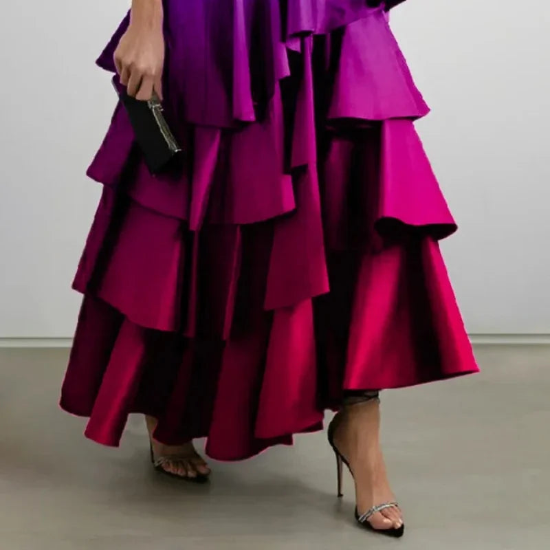 Beautyblue robes de soirée élégantes pour femmes 2025 dégradé jupes longues mode a-ligne Falbala taille haute bas jupe femme