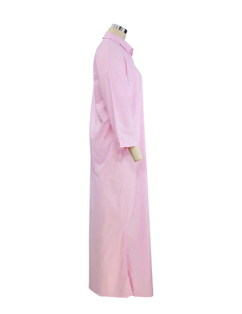 BAMBOOBOY Summer Long Dress Women Three-quarter Sleeve Button Shirts Single Breasted Dresses V-Neck Loose Slit Beach Sundress
