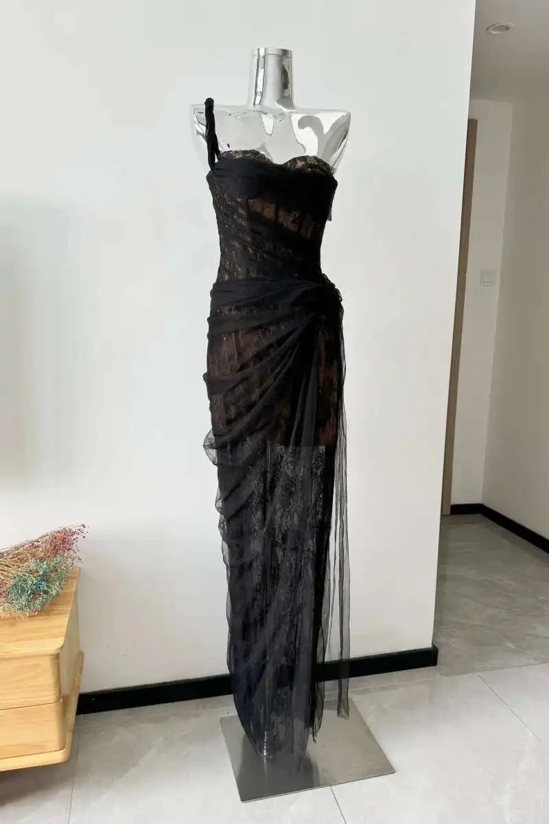 DEAT Women's Single Shoulder Spliced Lace Slit Long Dress 2025 Summer Solid Color Zipper Sleeveless Split Elegant Dresses 15C455
