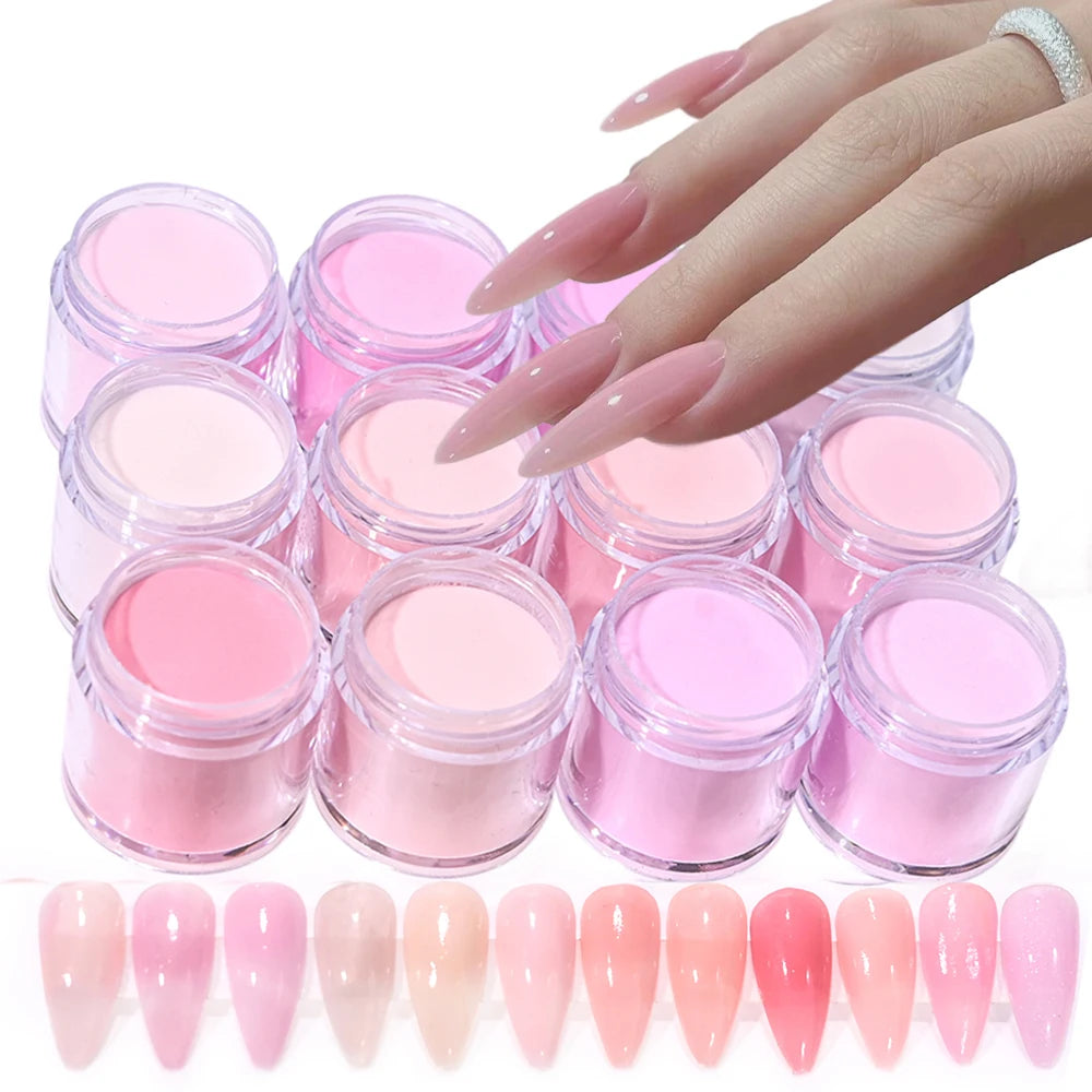 Ensemble de poudre acrylique professionnelle 3 en 1, 12 couleurs, rose chair, 12 pots d'immersion et Extensions d'ongles en acrylique, Structure de poussière, 10g