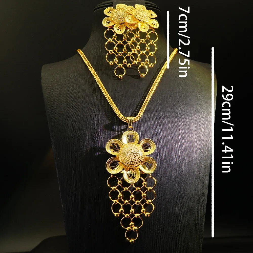 Ensemble de boucles d'oreilles et collier avec pendentif en forme de fleur en or 24 carats plaqué cuivre, accessoires de mariage pour femmes