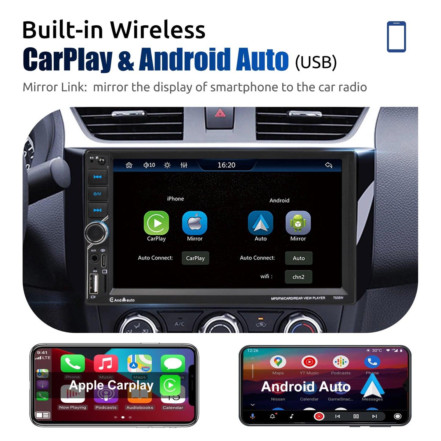 Unité principale autoradio ESSGOO 7 pouces sans fil Apple CarPlay Android Auto Double DIN Radio AUX FM Bluetooth USB TF Touchscreen Mirror Link