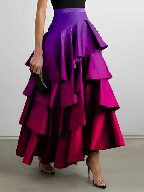Beautyblue robes de soirée élégantes pour femmes 2025 dégradé jupes longues mode a-ligne Falbala taille haute bas jupe femme
