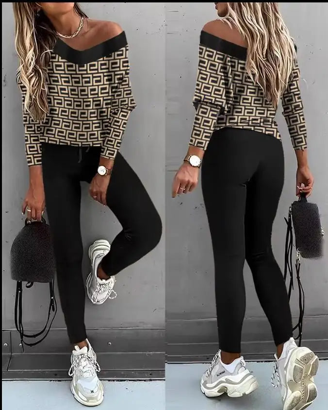 Ensemble 2 pièces imprimé pour femme, tenue de sport décontractée, pantalon de jogging en V, ensembles trempés, vêtements de survêtement, automne