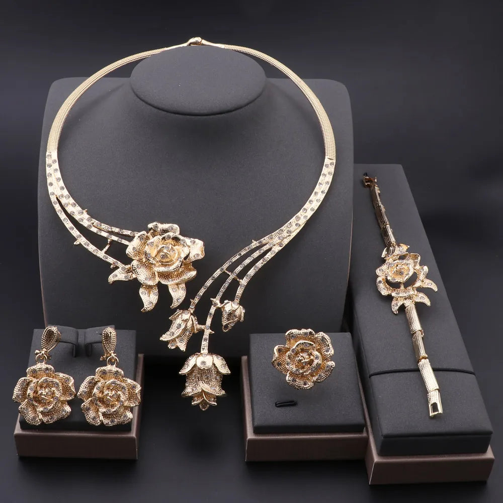 Ensembles de bijoux à la mode pour femmes, boucles d'oreilles, bague, Bracelet, collier, couleur argent, pendentif fleur classique, accessoires pour robe de mariée