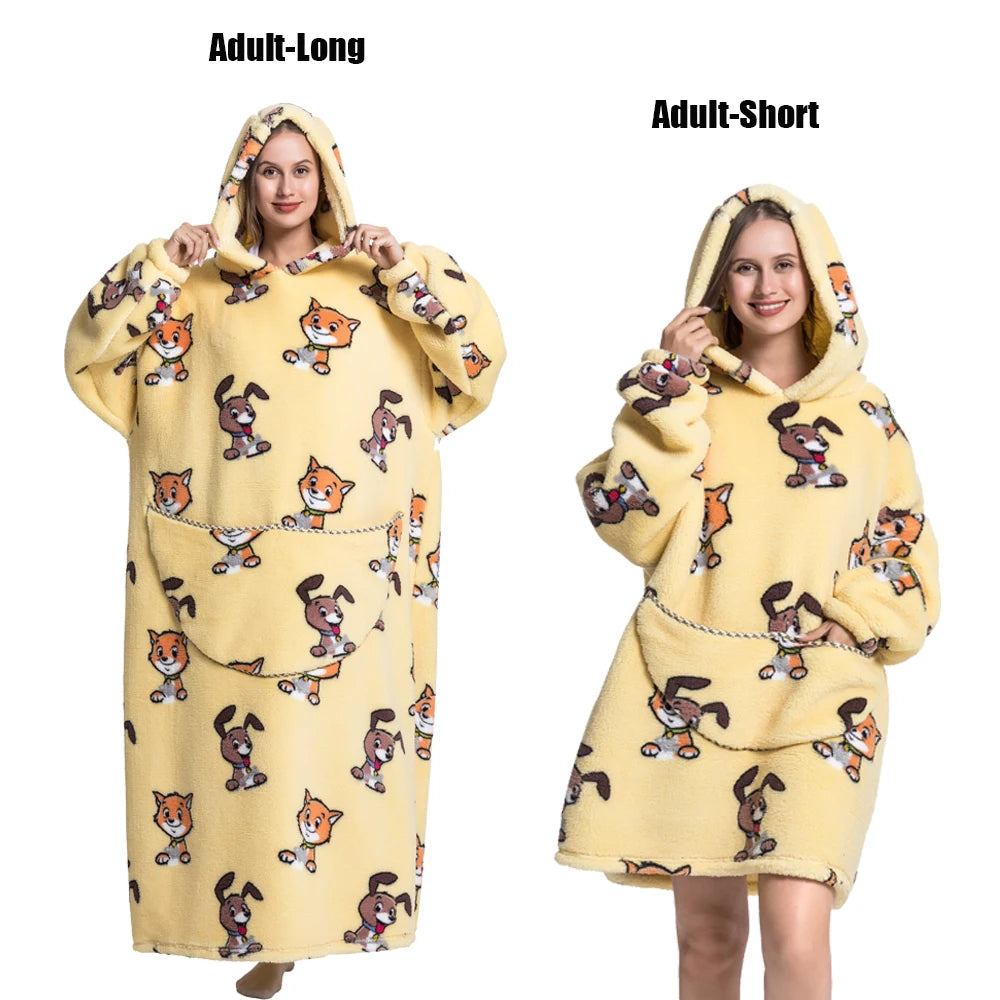 Femmes couvertures avec manches adulte Super chaud surdimensionné sweats à capuche hiver en peluche flanelle pyjama sweat hommes femmes couverture portable