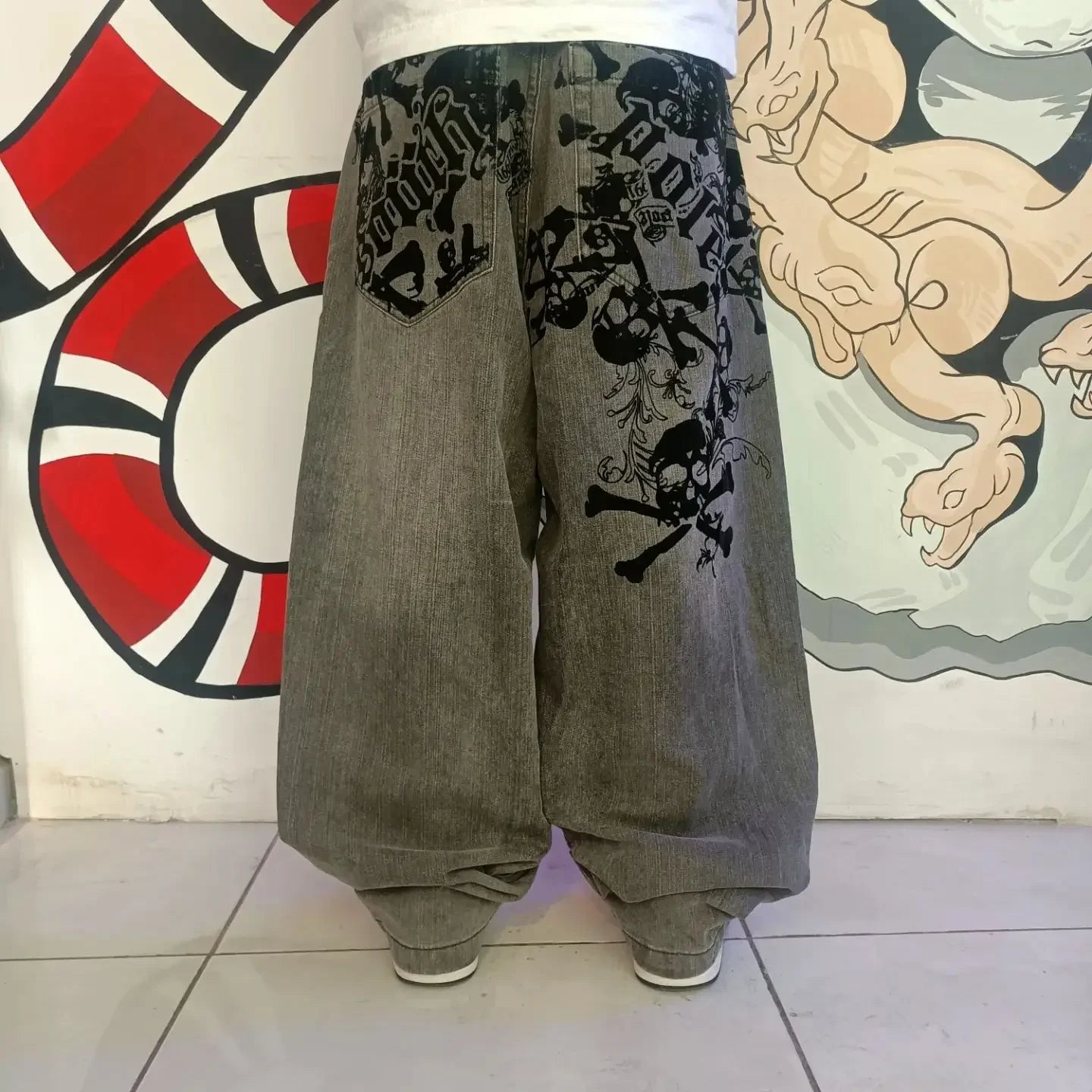 Jean ample rétro américain pour hommes, imprimé tête de mort, pour Couple, Harajuku, gothique, Hip-Hop, pantalon droit à jambes larges, nouvelle collection