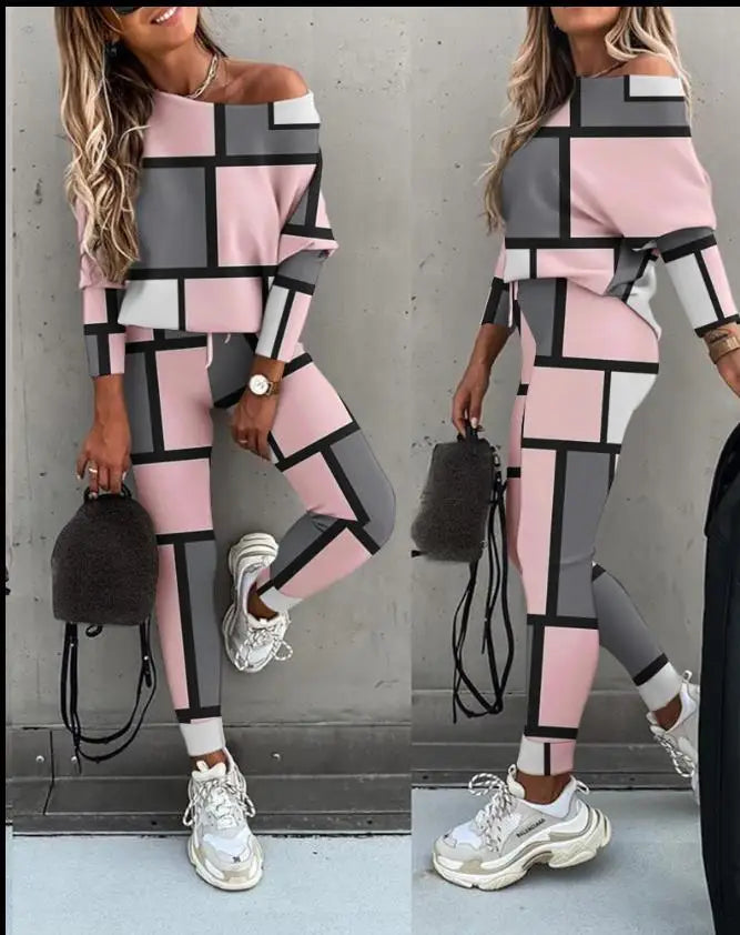 Ensemble 2 pièces imprimé pour femme, tenue de sport décontractée, pantalon de jogging en V, ensembles trempés, vêtements de survêtement, automne