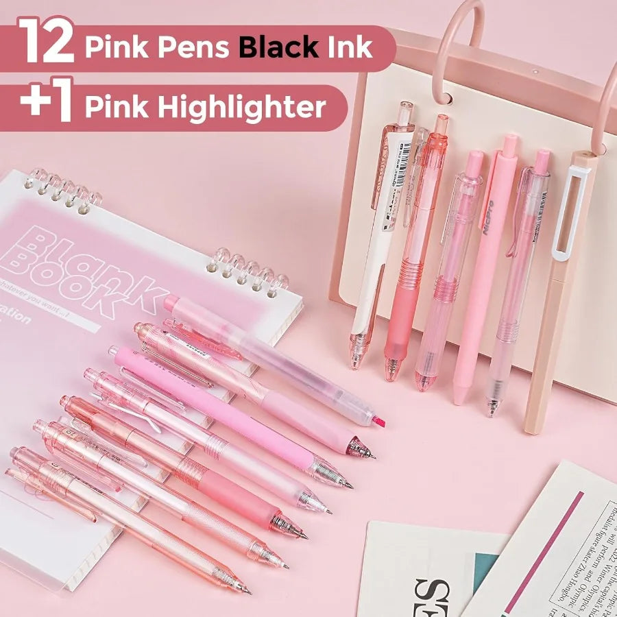 Ensemble de stylos à encre Gel Pastel, avec étui, joli stylo rétractable à pointe Fine de 0.5mm, 12 stylos roses, encre noire avec 1 surligneur esthétique, 13 paquets