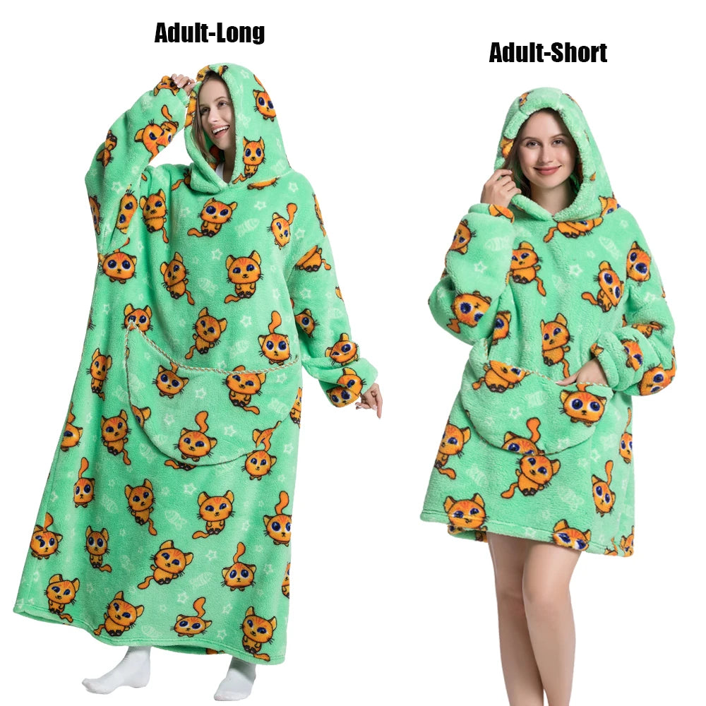 Femmes couvertures avec manches adulte Super chaud surdimensionné sweats à capuche hiver en peluche flanelle pyjama sweat hommes femmes couverture portable