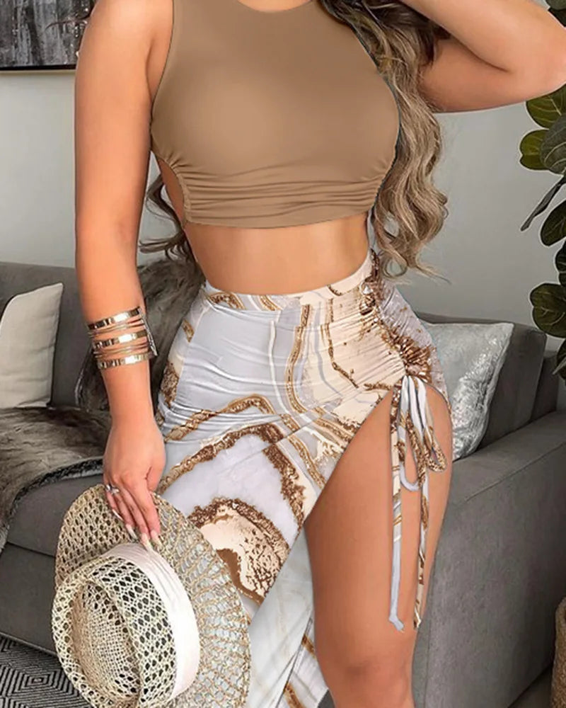 Ensemble de robe d'été décontracté pour femmes, col rond, sans manches, haut court et jupe froncée, imprimé teinture par nouage, cordon de serrage, fente haute