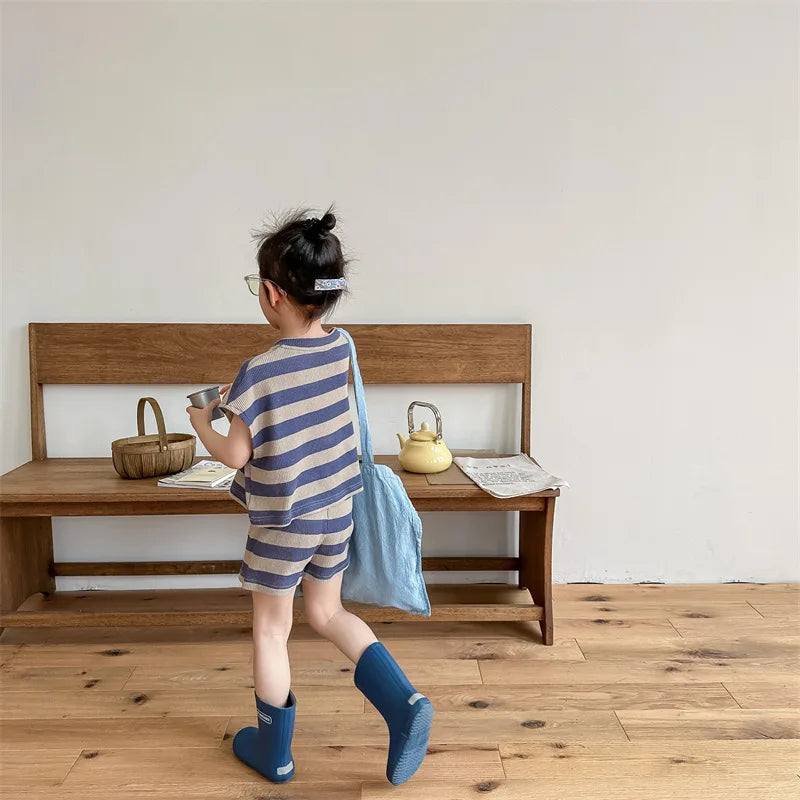 deer jonmi 2024 Summer Korean Style Unisex Kids Striped Outfits Embroidery Loose Tops Shorts 2pcs Toddlers Kids Clothing Sets