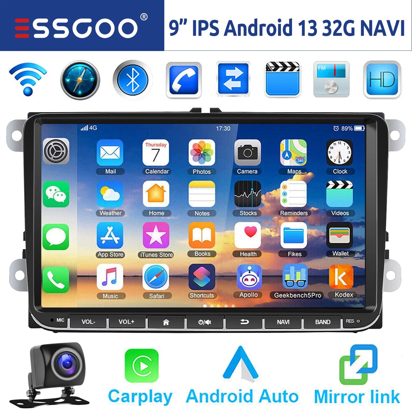 ESSGOO-Autoradio Android 14 de 9 Pouces, 4 Go/64 Go, Navigation GPS N183, WiFi, RDS, FM, BT, pour Voiture VW Golf 5/6, Passat, Polo, Touran, Tiguan, Caddy, EOS