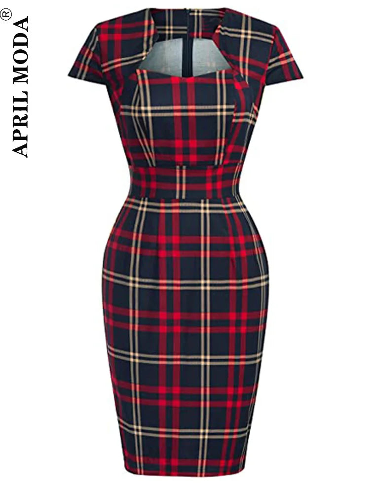 Une pièce rétro bureau moulante femmes robe fourreau porter au travail affaires robes Plaid imprimé angleterre Style 60s robes de pansement