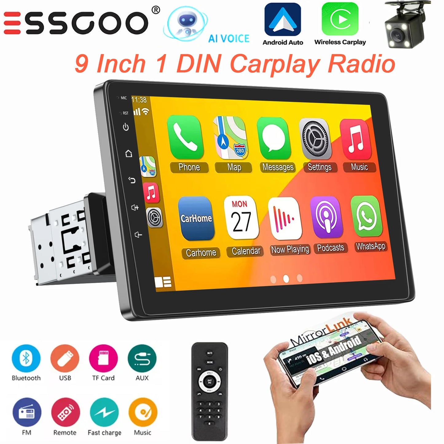 ESSGOO 9" 1 DIN Universel avec commande vocale AI intelligente CarPlay sans fil Android Auto Autoradio Lecteur vidéo multimédia Écran tactile HD Navigation GPS WiFi Bluetooth FM Radio Commandes au volant Mirror Link