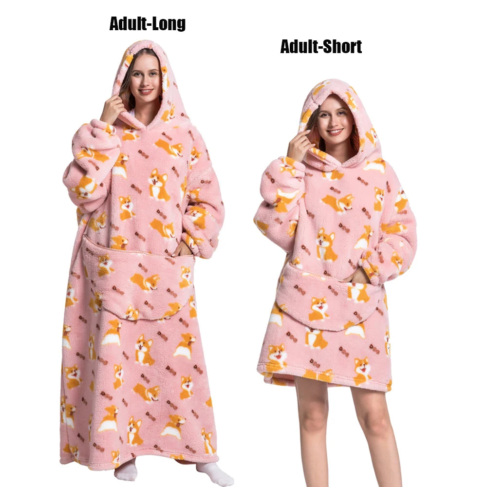 Femmes couvertures avec manches adulte Super chaud surdimensionné sweats à capuche hiver en peluche flanelle pyjama sweat hommes femmes couverture portable