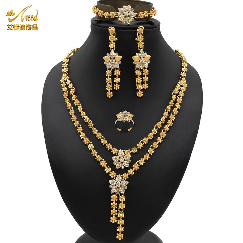 ANIID-Ensembles de bijoux africains pour femmes, boucles d'oreilles fleur, collier ras du cou, bracelet, hawaïen, indien, Dubaï, bijoux dorés, accessoires