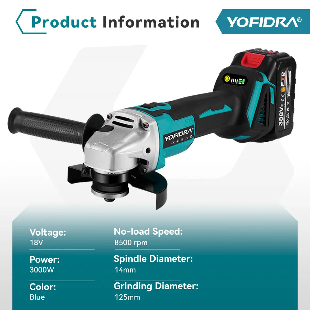 Yofidra 125mm meuleuse d'angle sans brosse 4 vitesses rectifieuse sans fil coupe travail du bois pour Makita 18V-21V batterie broche