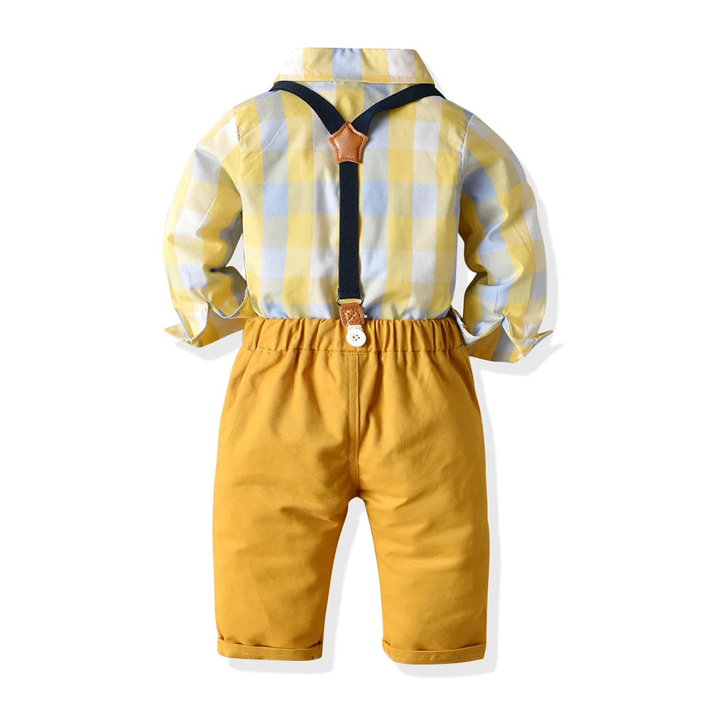Boy Formal Suit Party Wear Spring 1 2 3 4 5 6 Years Kids Clothing Outfit Plaid Shirt Pants Suspender Boys Clothes Set