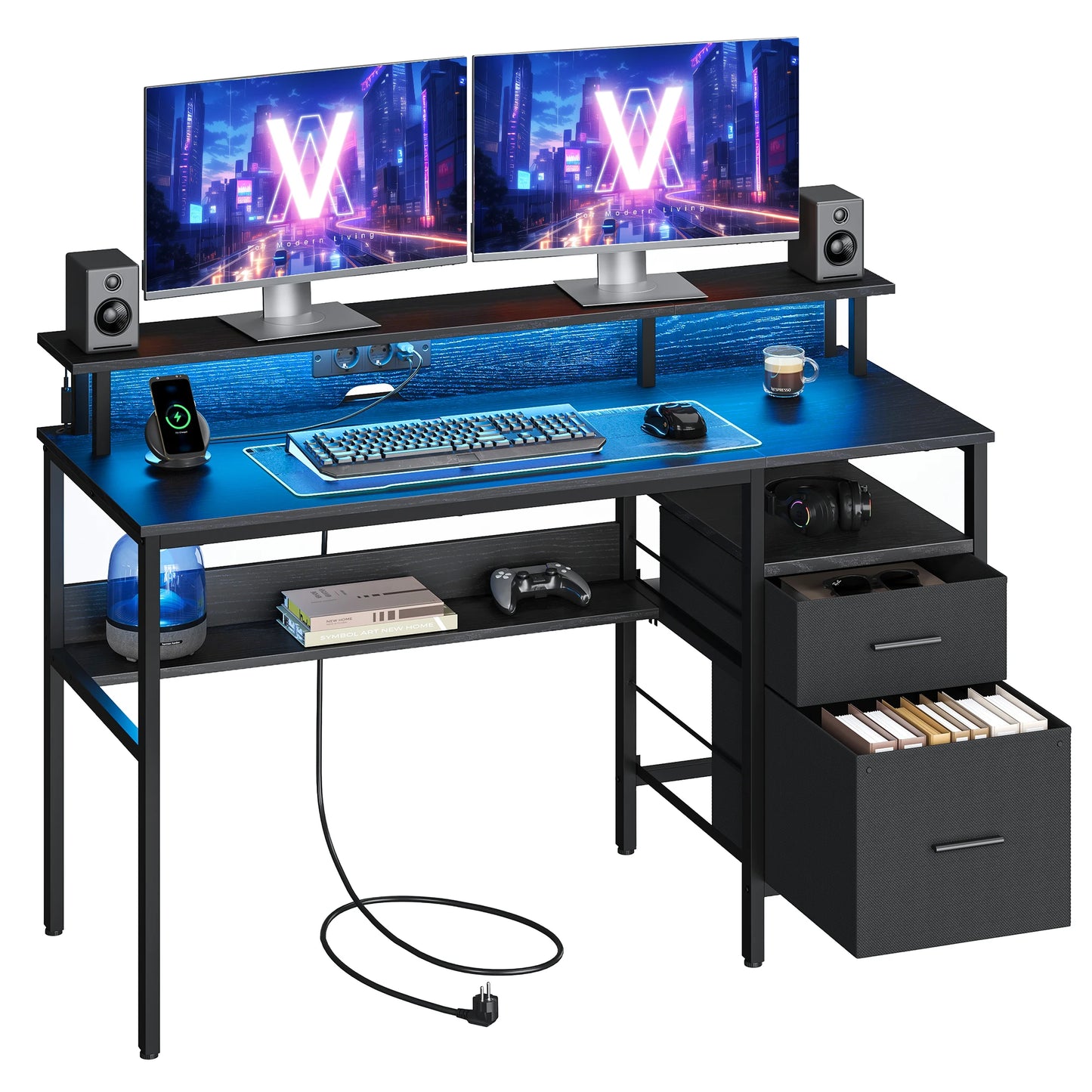 VASAGLE Bureau Gaming avec Lumières LED et Multiprise, Bureau Informatique avec Support d'Écran, Table avec Rangement, 2 Tiroirs en Tissu, 2 Ports USB, pour Bureau