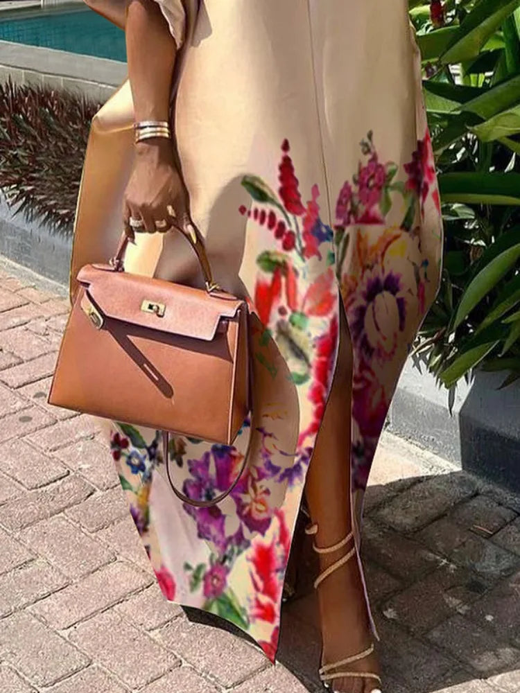 Freeacy Robe longue élégante à imprimé floral pour femme, col bateau, manches bouffantes, ligne H, fendue, longueur au sol, robe de soirée