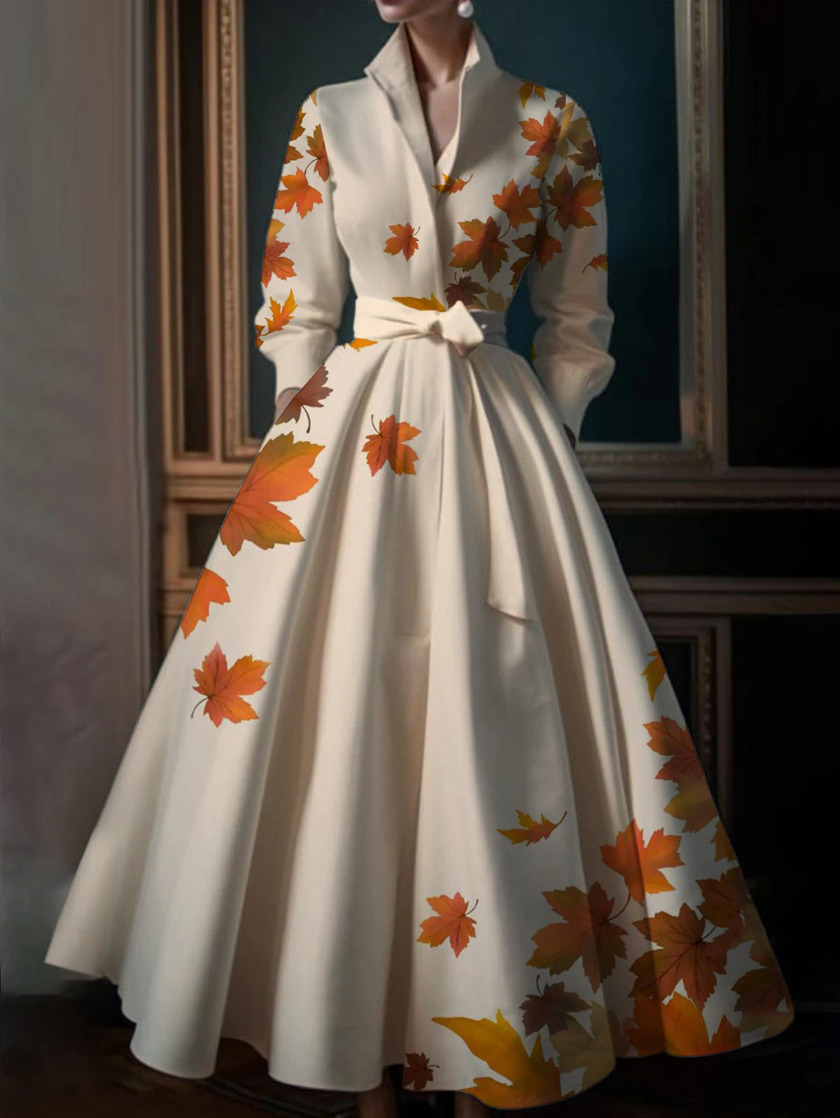 Elegant Floral Printing Maxi Dresses Multicolor Turndown Collar Long Sleeve Cotton Long Dress Party Wedding Evening Dress 2024